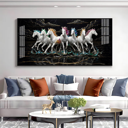 Splashing Stallions White Seven Horses Premium Acrylic Horizontal Wall Art