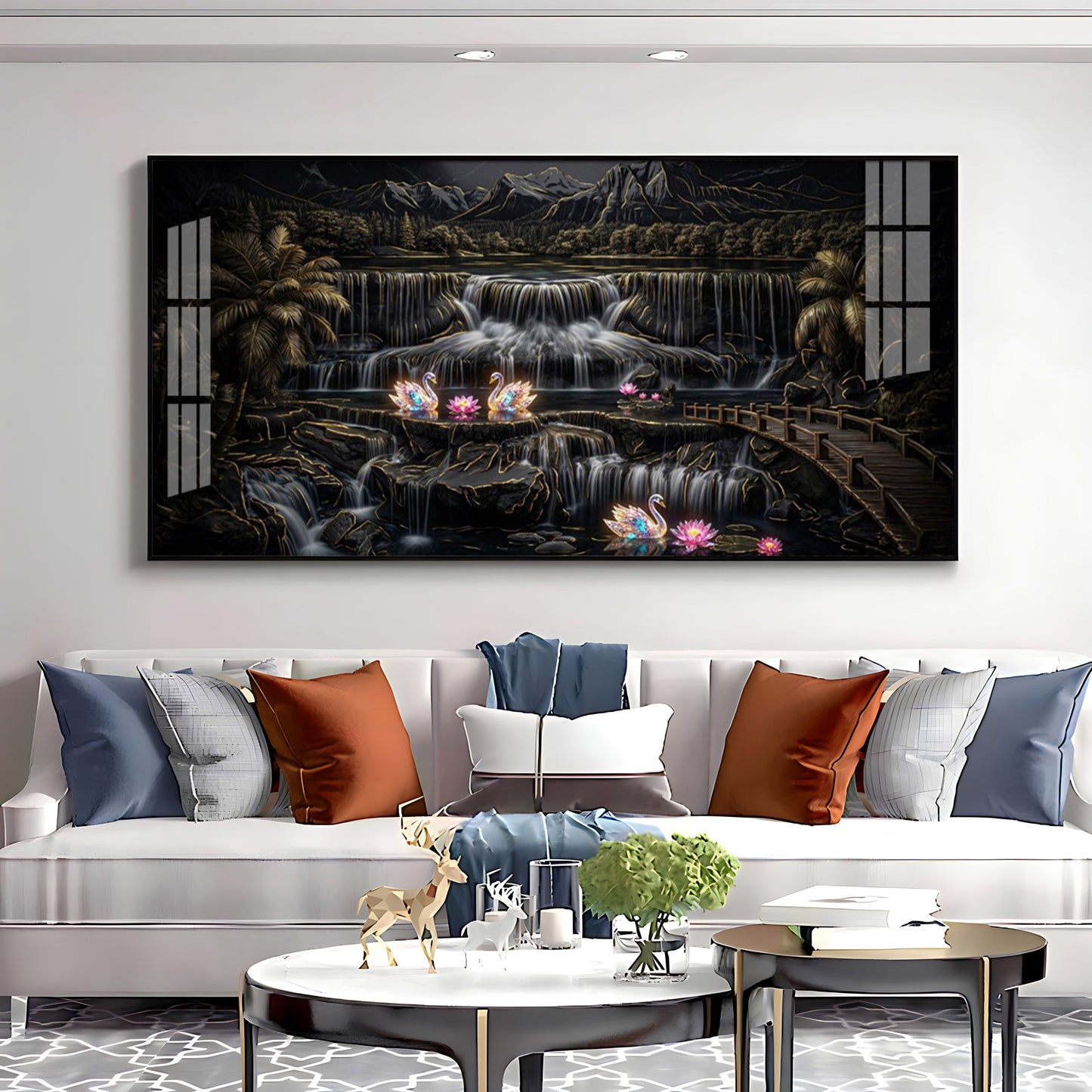 Multi-Tiered Waterfalls Swan Lake Premium Acrylic Horizontal Wall Art