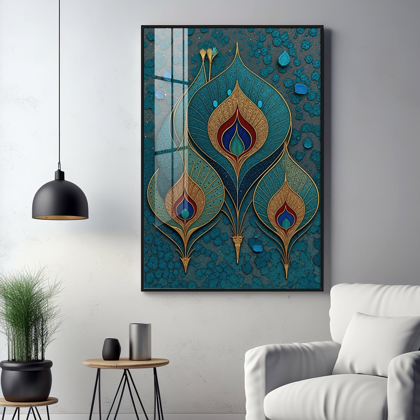 Three Ornate Peacock Feather Premium Acrylic Vertical Wall Art