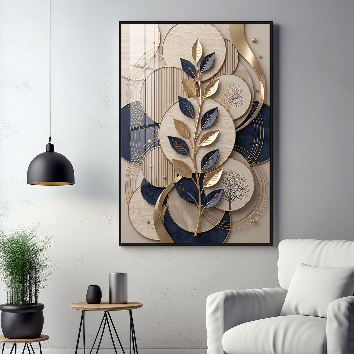 Luxury Navy Blue & Gold Leaves Premium Acrylic Vertical Wall Art