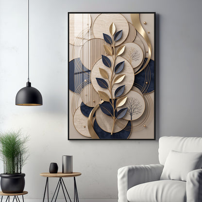 Luxury Navy Blue & Gold Leaves Premium Acrylic Vertical Wall Art