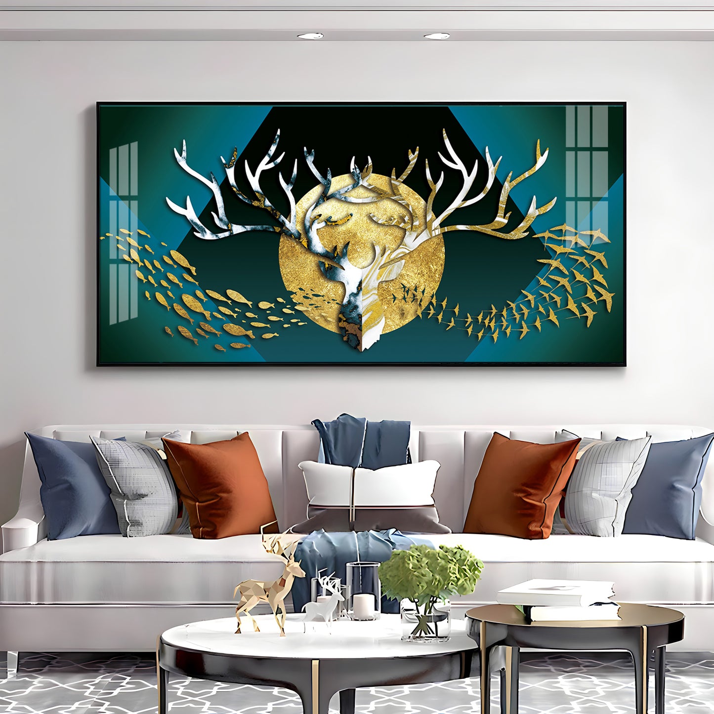 Deer Surrounded By Fish & Birds Premium Acrylic Horizontal Wall Art