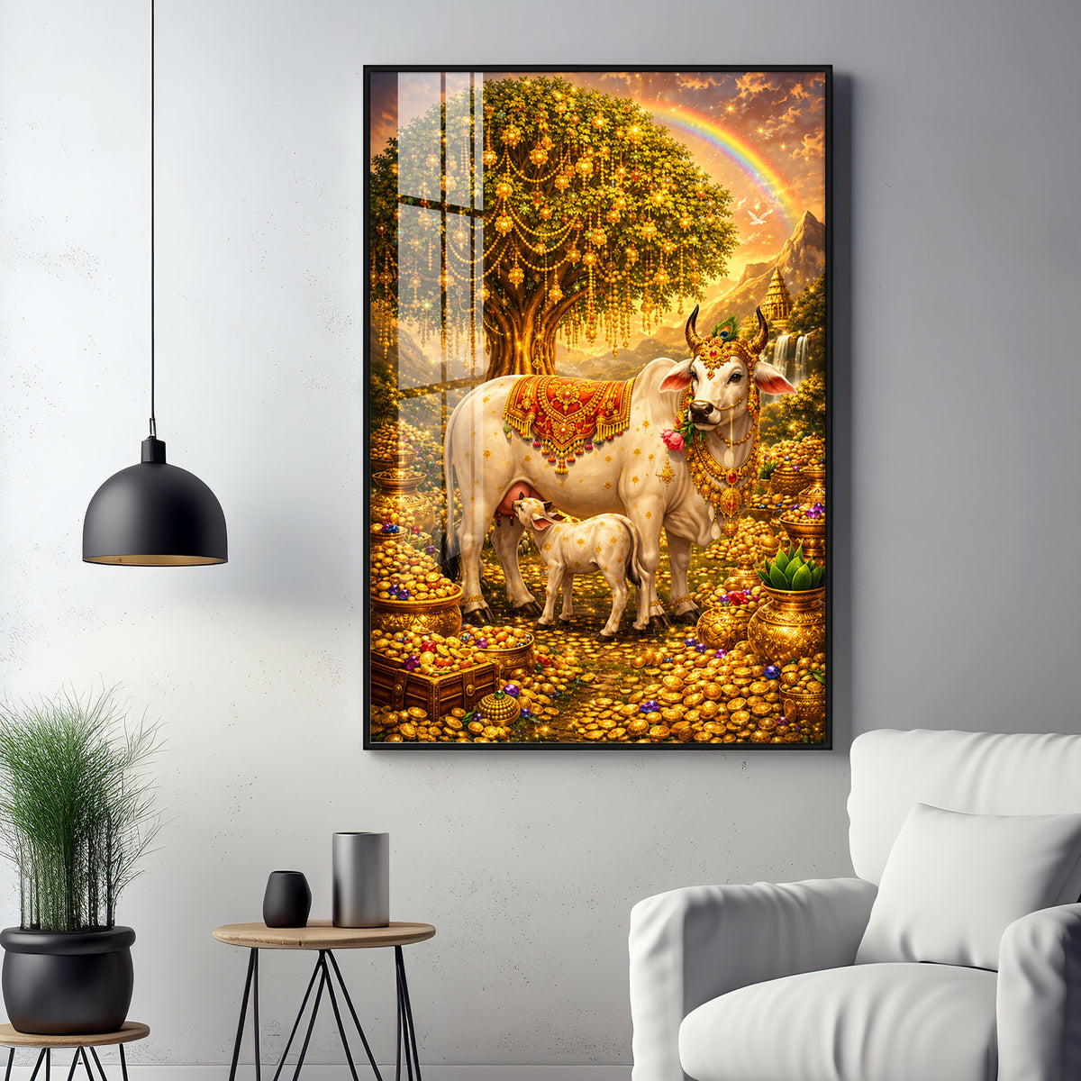 Golden Kamadhenu Wish-Fulfilling Cow Premium Acrylic Vertical Wall Art