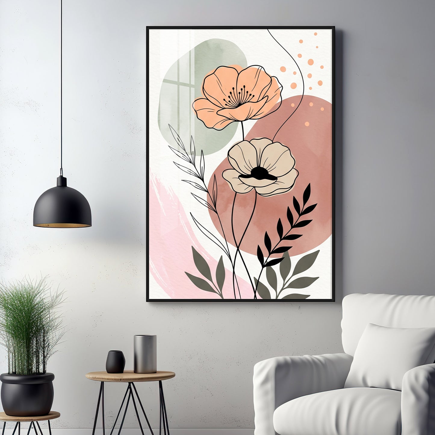 Floral Line & Geometric Shapes Premium Acrylic Vertical Wall Art