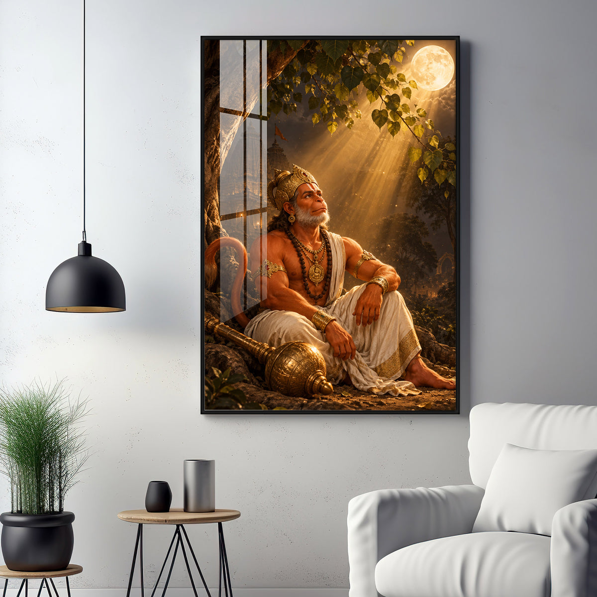 Lord Hanuman Under The Tree Premium Acrylic Vertical Wall Art