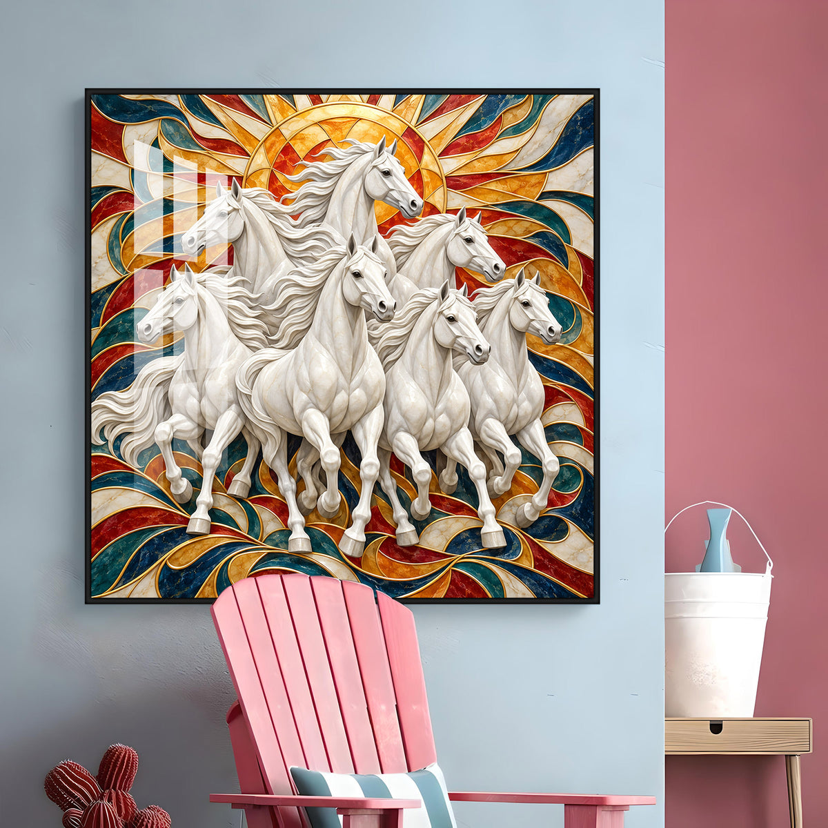 Seven Galloping White Horses Premium Acrylic Square Wall Art