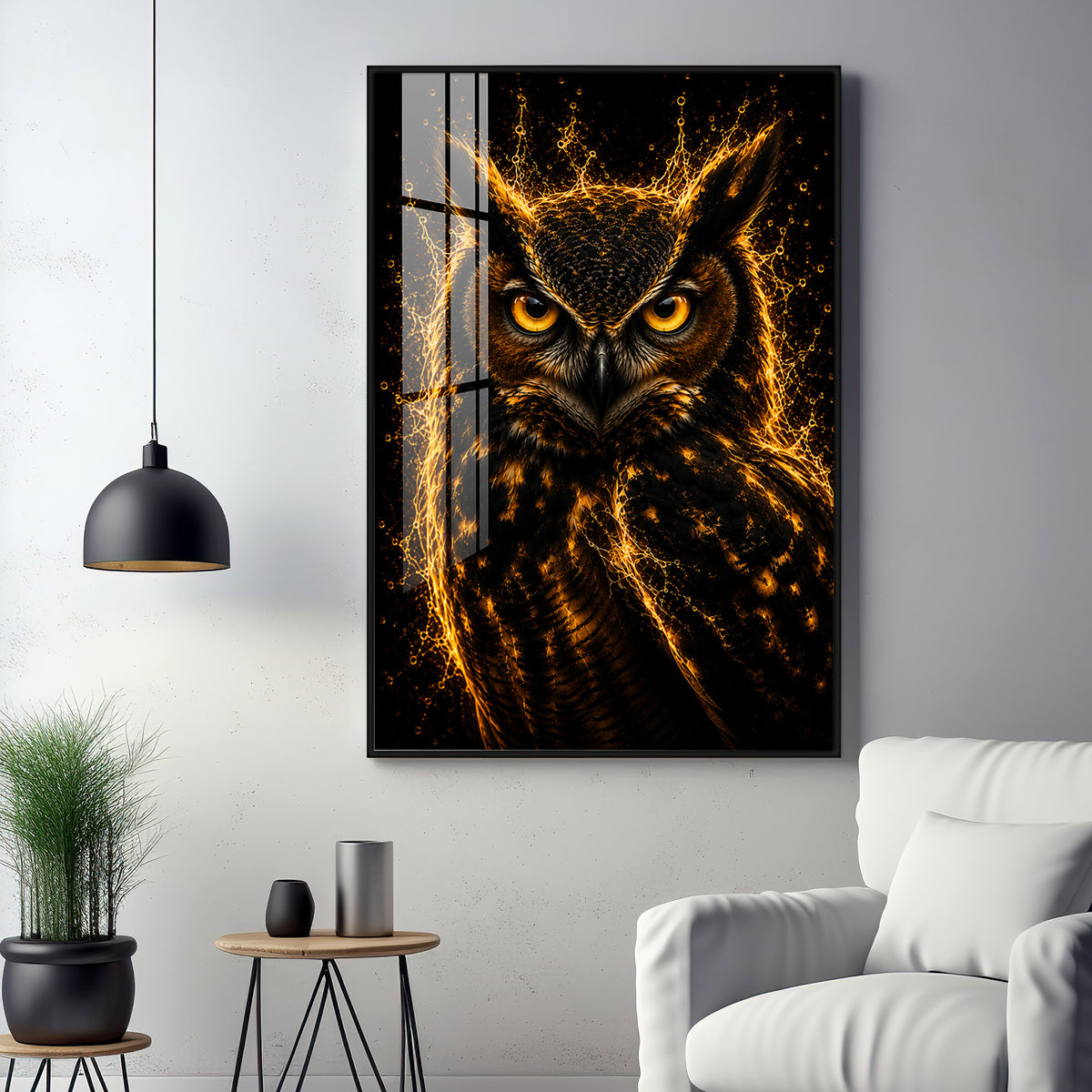 Golden Flame Owl Premium Acrylic Vertical Wall Art