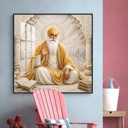 Guru Nanak Devji In Golden Shawl Premium Acrylic Square Wall Art