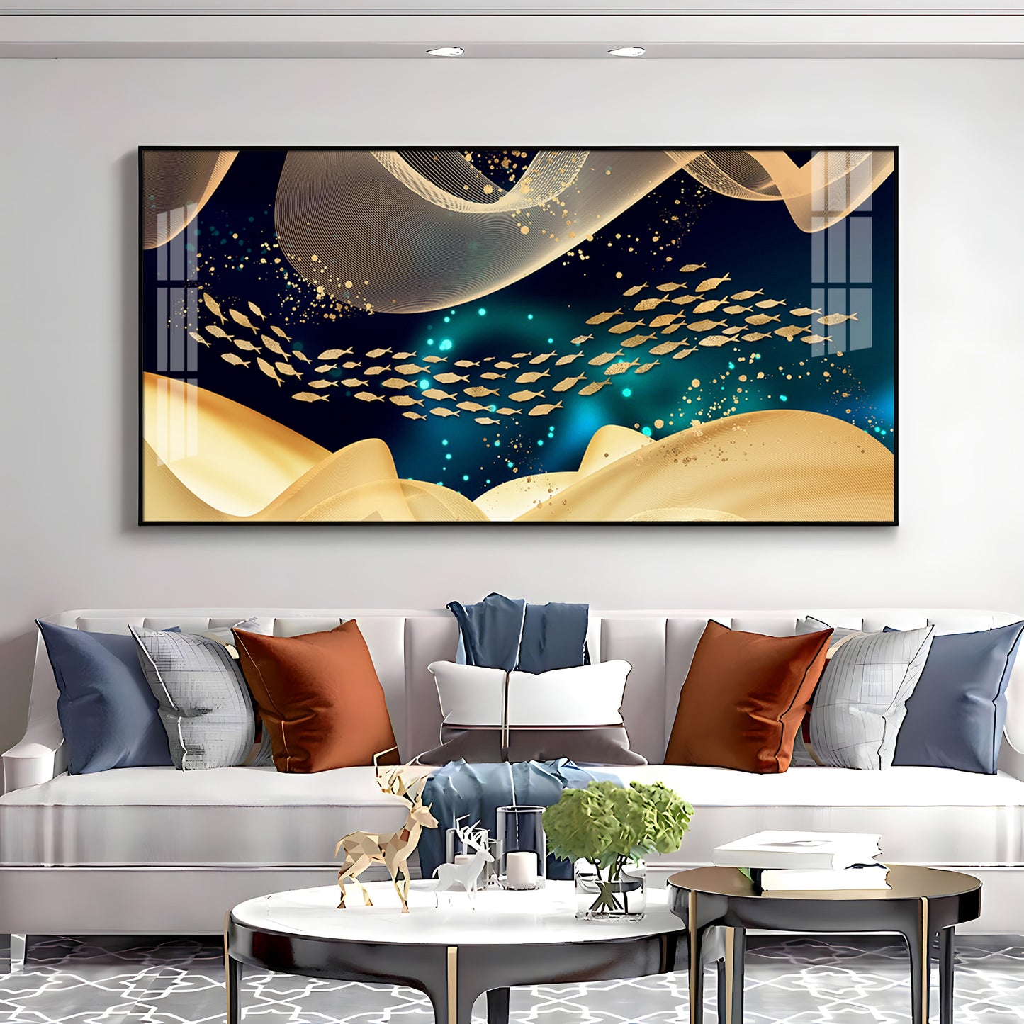 Golden Fish In Dark Blue Underwater Premium Acrylic Horizontal Wall Art