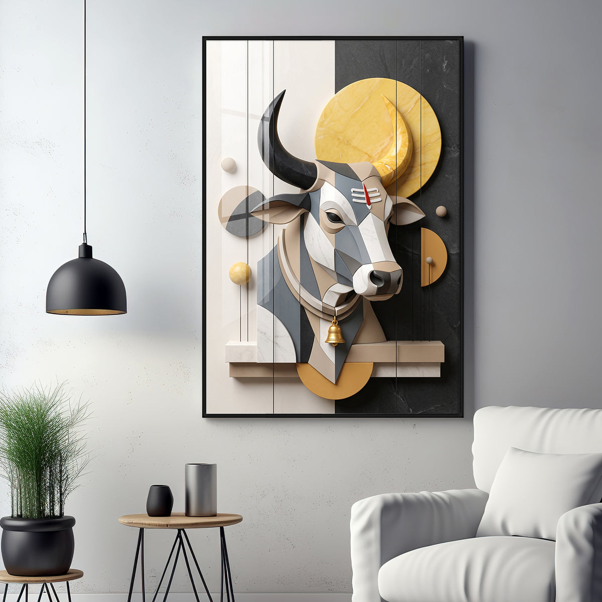 Modern Geometric Nandi with Tilak & Bell Premium Acrylic Vertical Wall Art