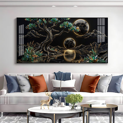 Tree & Sacred Mountains With Black & Gold Premium Acrylic Horizontal Wall Art
