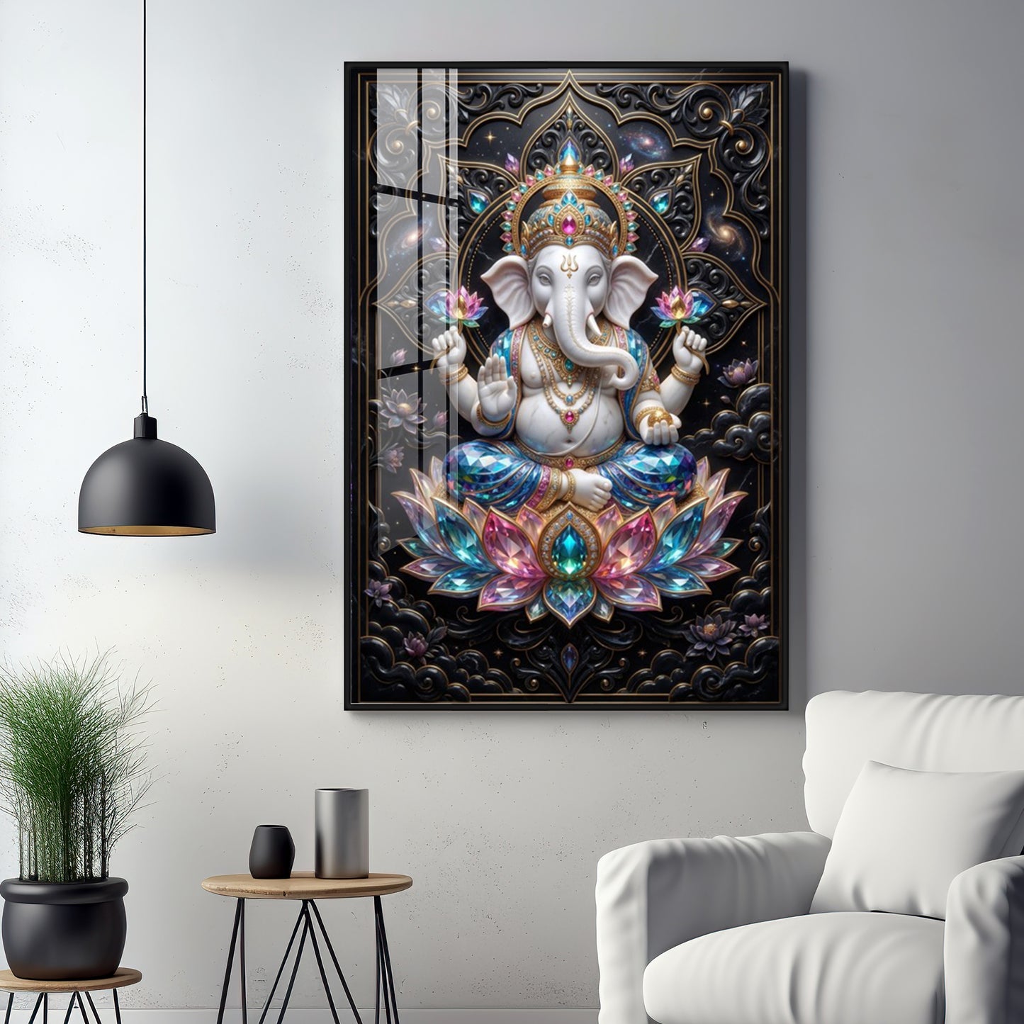 Lord Ganesha Seated On A Lotus Throne Premium Acrylic Vertical Wall Art