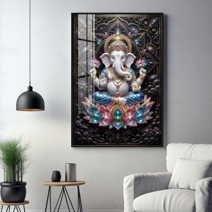 Lord Ganesha Seated On A Lotus Throne Premium Acrylic Vertical Wall Art