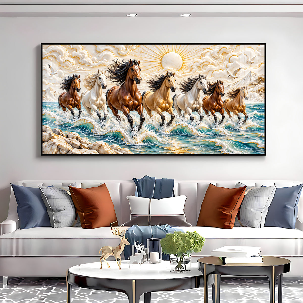 Seven Running Horses in Sea Premium Acrylic Horizontal Wall Art