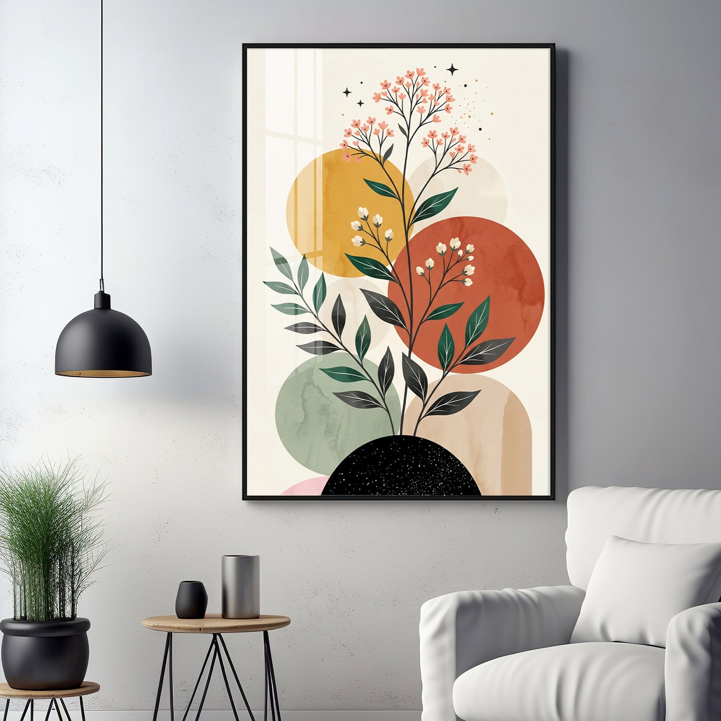 Floral Against Muted Circular Shapes Premium Acrylic Vertical Wall Art