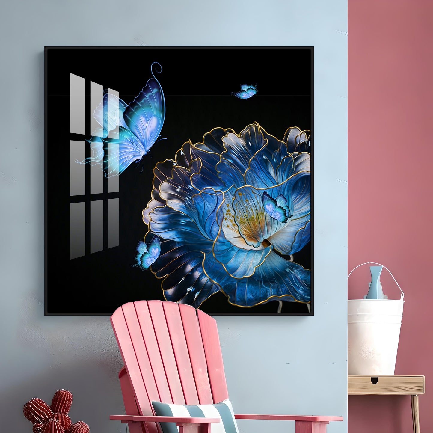 Blue Butterfly With Blue Flower Premium Acrylic Square Wall Art