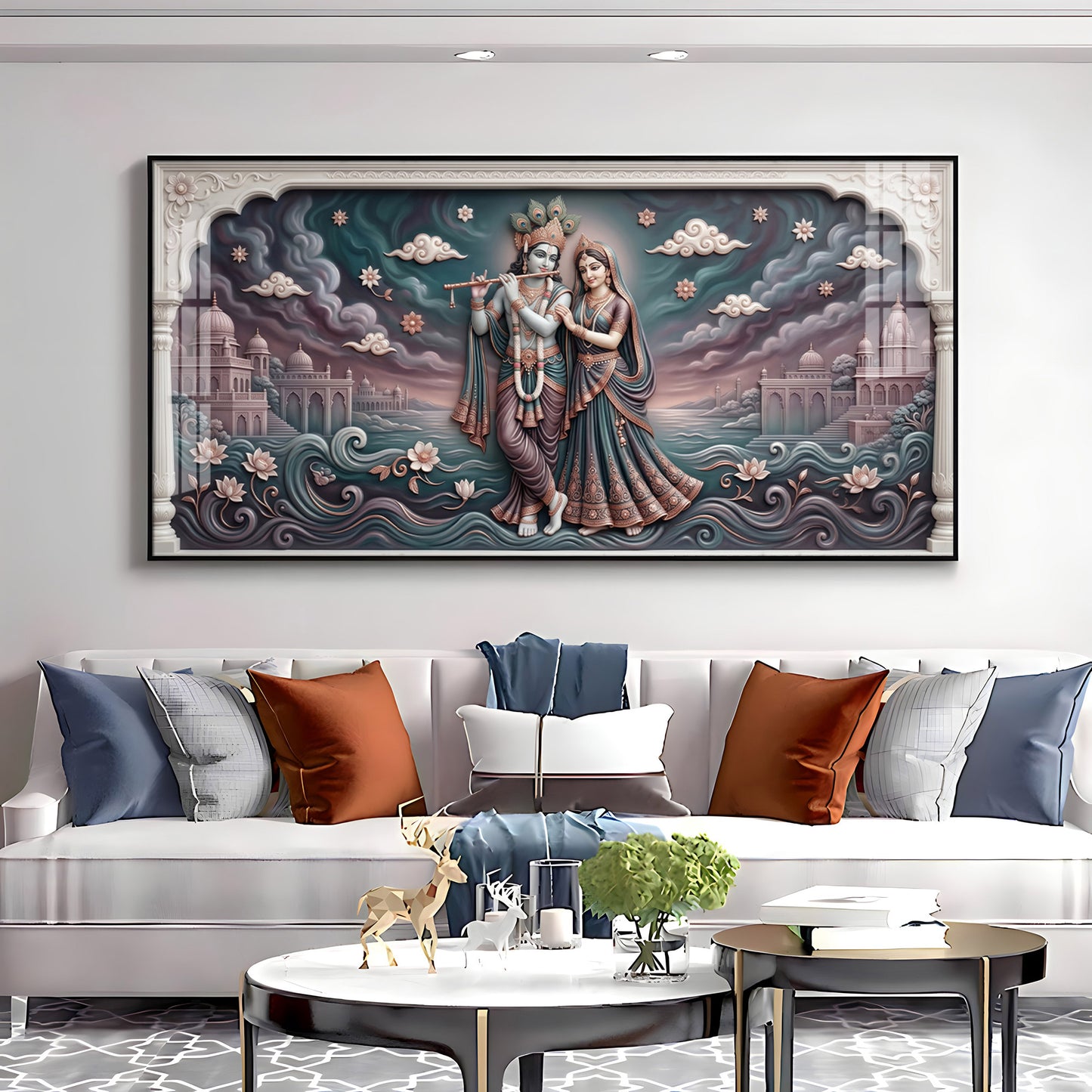 Radha Krishna In Lotus Filled Premium Acrylic Horizontal Wall Art