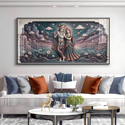 Radha Krishna In Lotus Filled Premium Acrylic Horizontal Wall Art