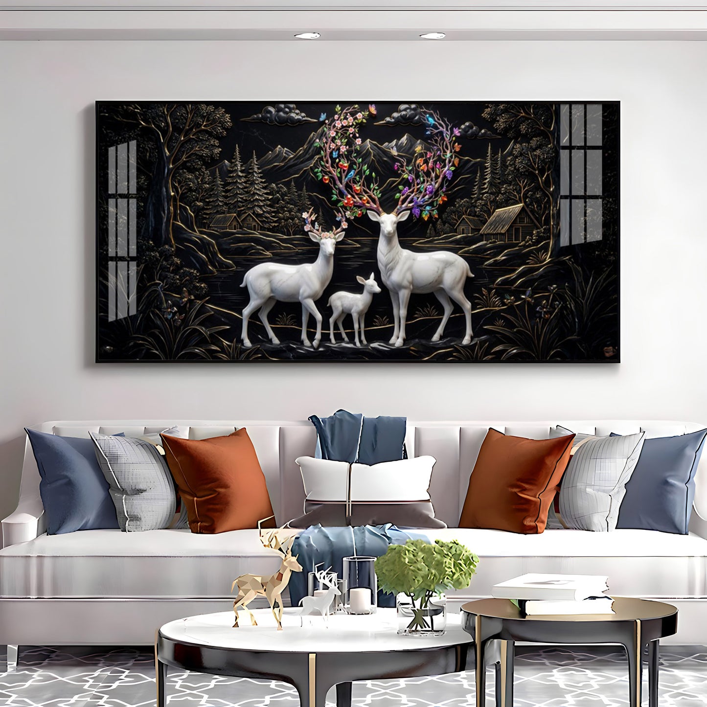 Family of Deer With Colorful Antlers Premium Acrylic Horizontal Wall Art