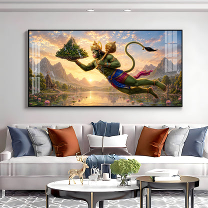 Lord Hanuman Carrying Sanjeevani Mountain Premium Acrylic Horizontal Wall Art