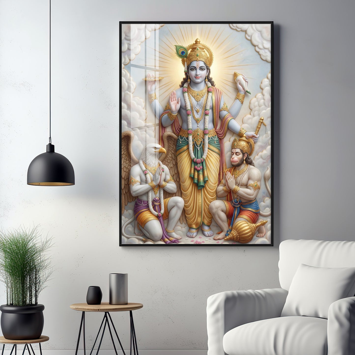 Lord Vishnu With Garuda And Hanuman Ji Premium Acrylic Vertical Wall Art