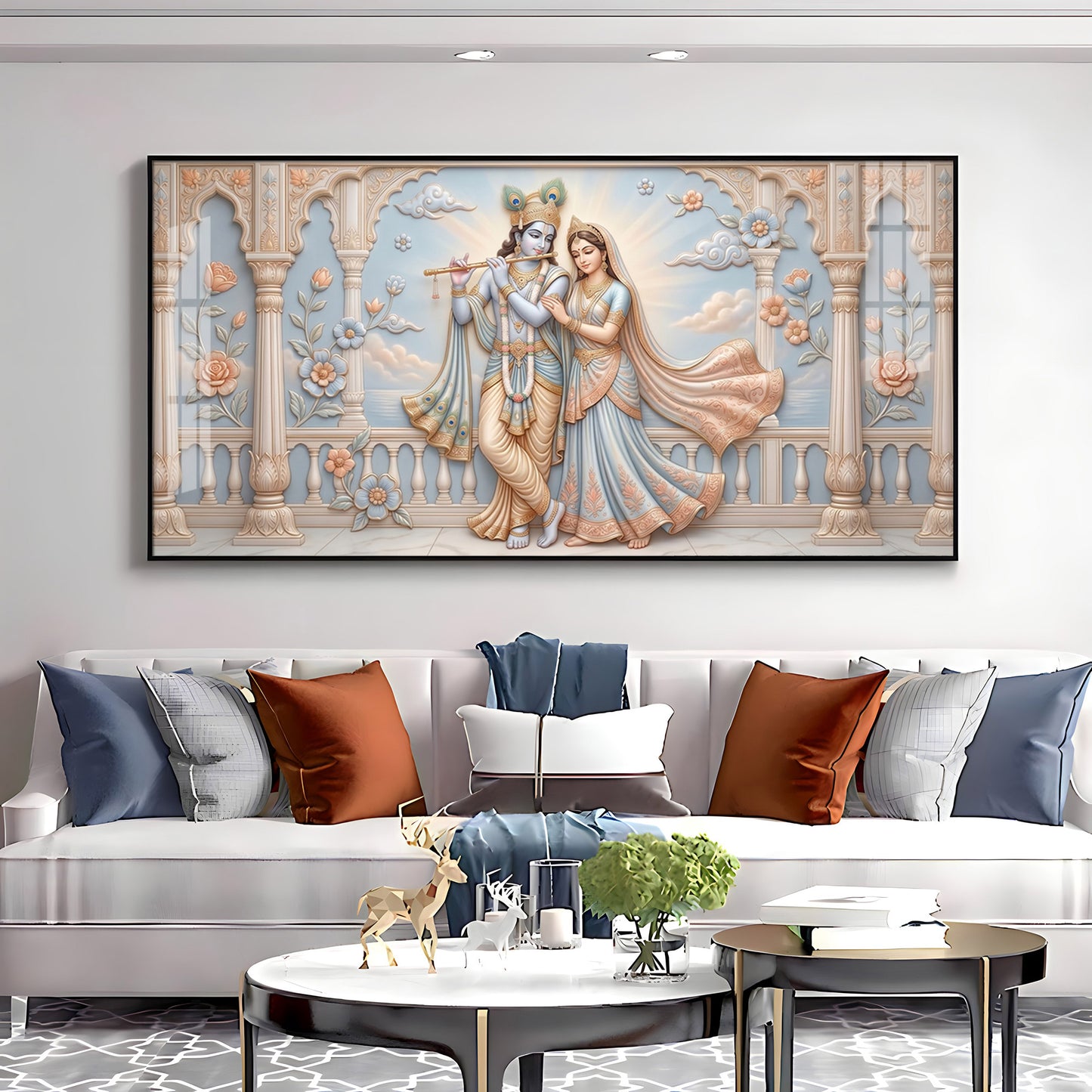 Krishna Playing The Flute Beside Radha Premium Acrylic Horizontal Wall Art