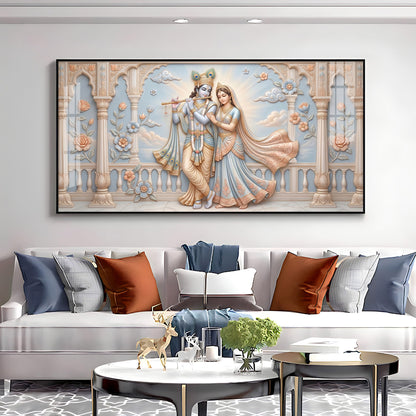 Krishna Playing The Flute Beside Radha Premium Acrylic Horizontal Wall Art
