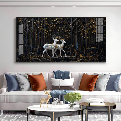 Two White Deer In A Black Forest Premium Acrylic Horizontal Wall Art