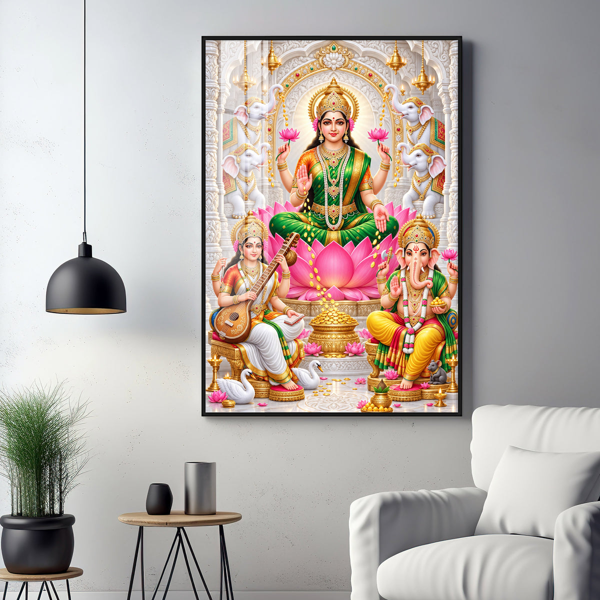 Gajalakshmi Saraswati Ganesha  Premium Acrylic Vertical Wall Art