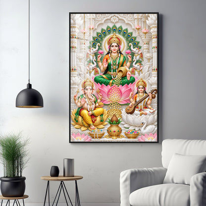 Lakshmi Saraswati Ganesha Peacock Halo Premium Acrylic Vertical Wall Art