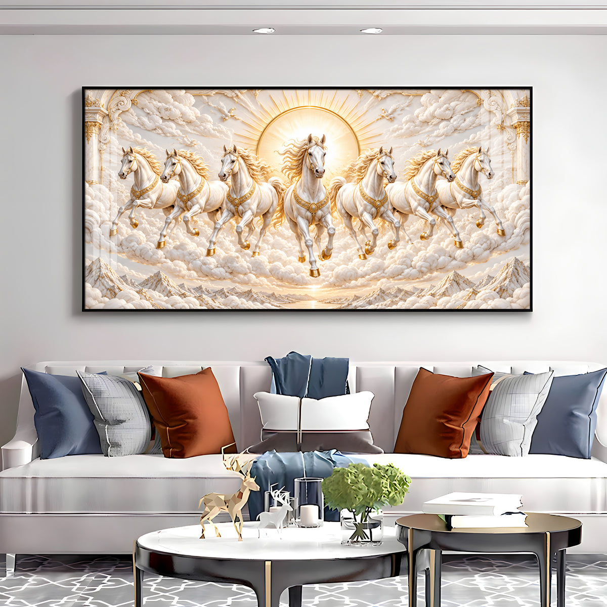 Seven Golden White Horses Premium Acrylic Horizontal Wall Art
