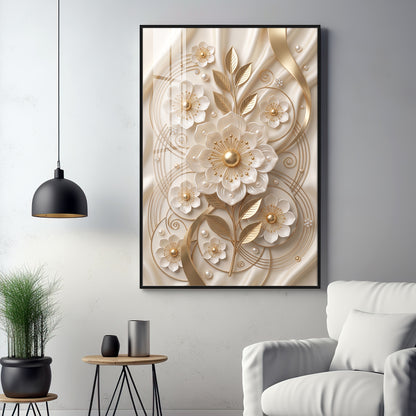 White & Gold Floral Carving Premium Acrylic Vertical Wall Art