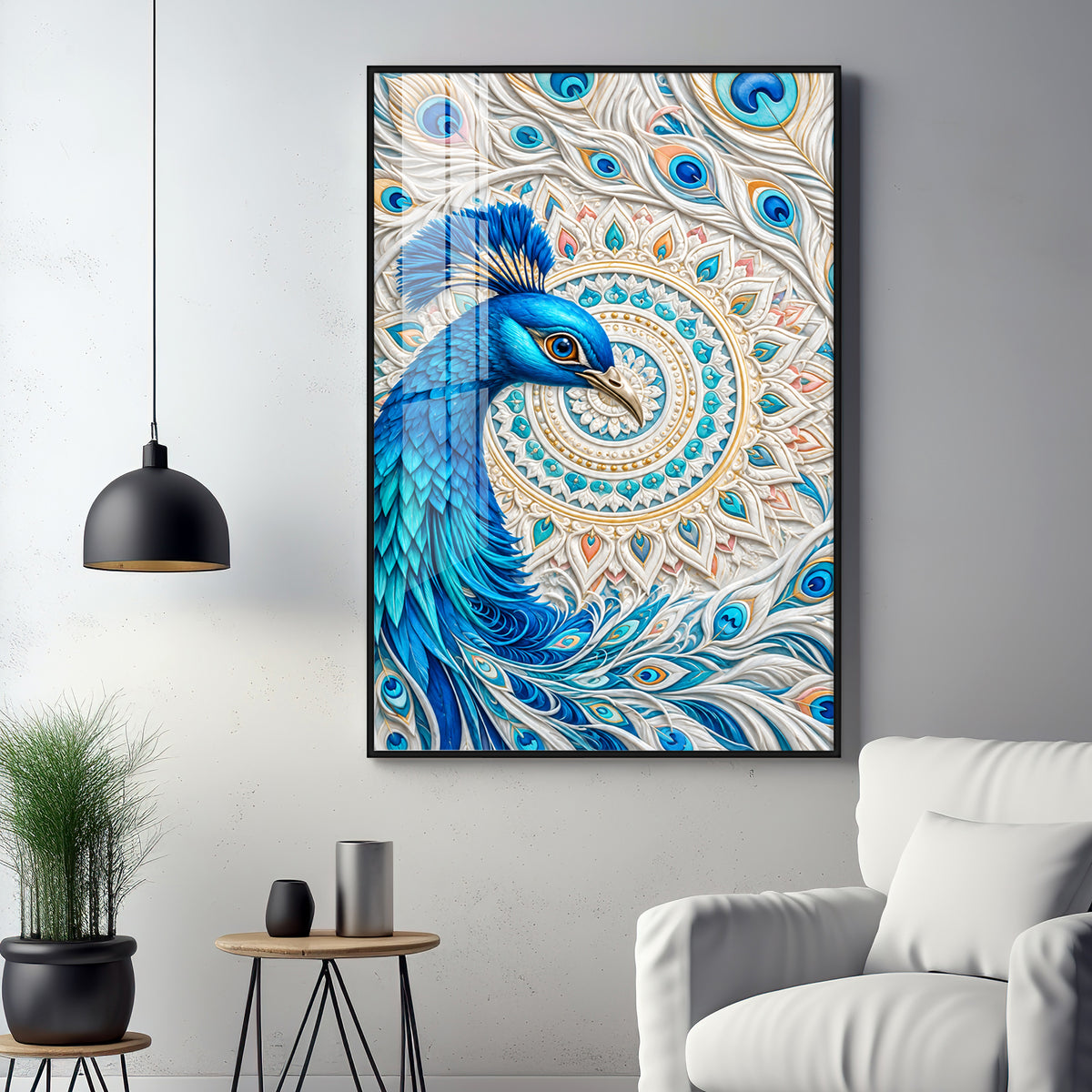 Majestic Blue Peacock Premium Acrylic Vertical Wall Art