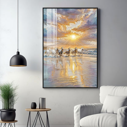 Depicting Seven White Horses Running Premium Acrylic Vertical Wall Art