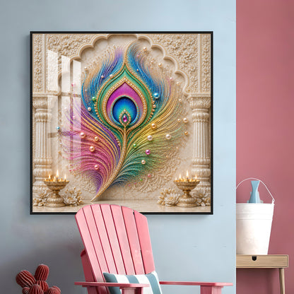 Colorful Peacock Feather Premium Acrylic Square Wall Art
