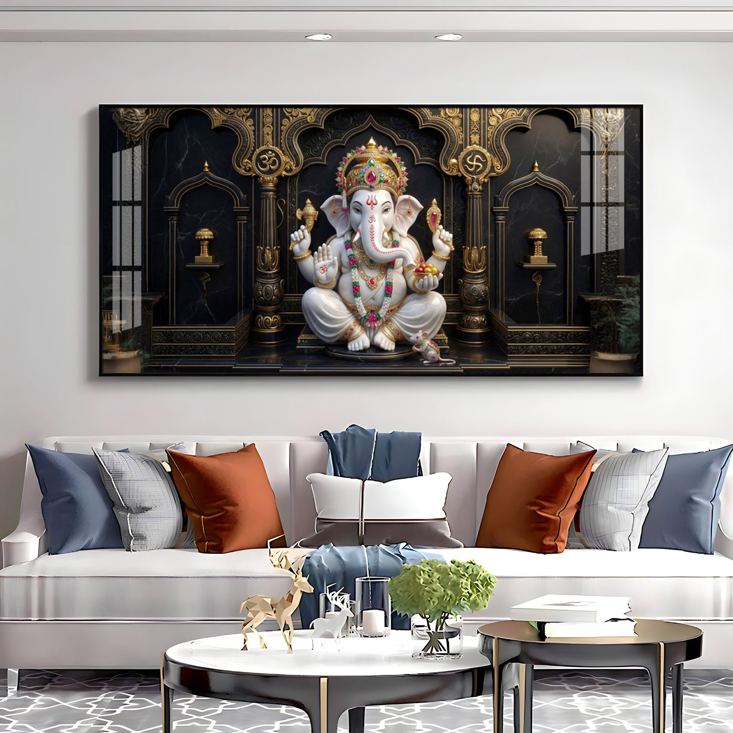 White & Gold Lord Ganesha Premium Acrylic Horizontal Wall Art