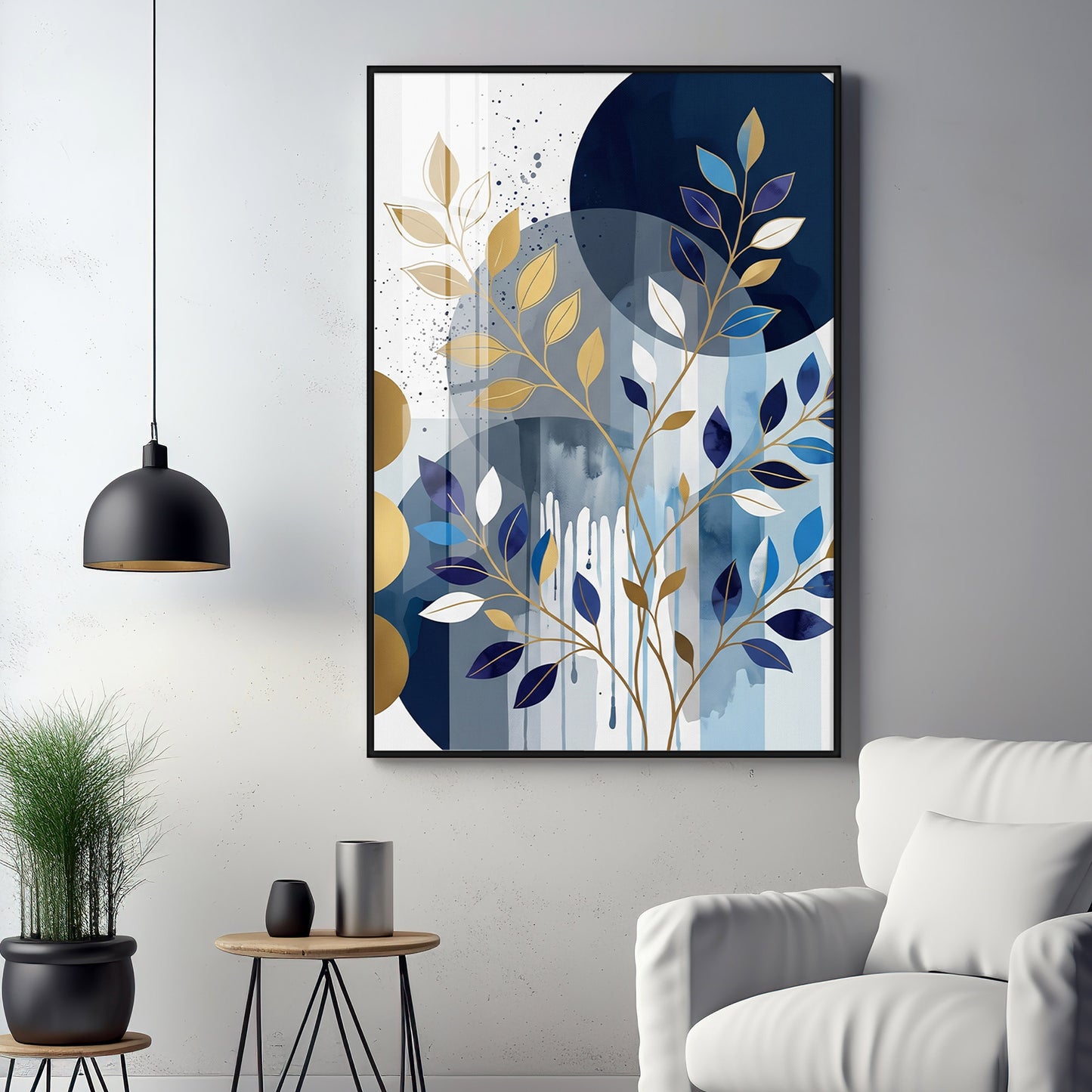 Colourfull Leaves Against Blue & Gold Circles Premium Acrylic Vertical Wall Art