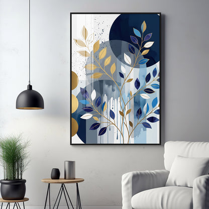 Colourfull Leaves Against Blue & Gold Circles Premium Acrylic Vertical Wall Art