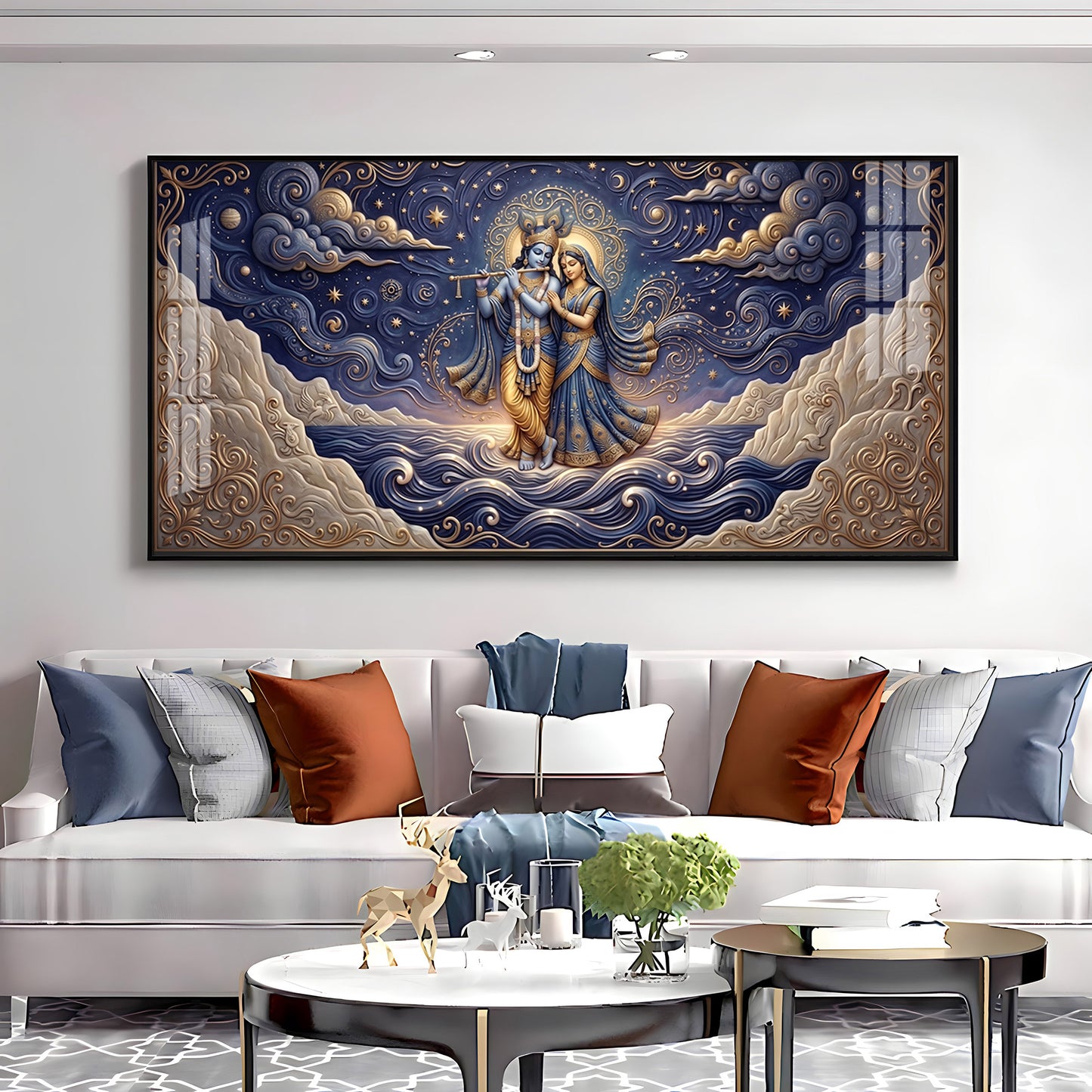 Radha Krishna Depicted In A Celestial Blue Premium Acrylic Horizontal Wall Art