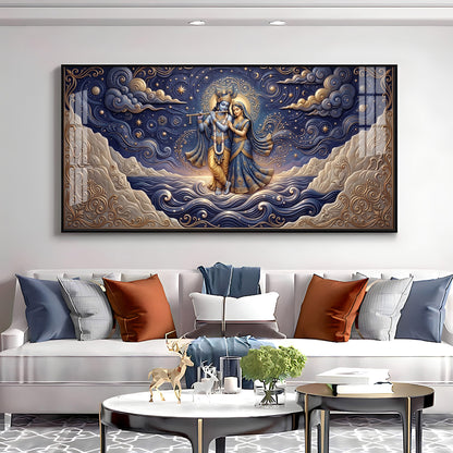 Radha Krishna Depicted In A Celestial Blue Premium Acrylic Horizontal Wall Art