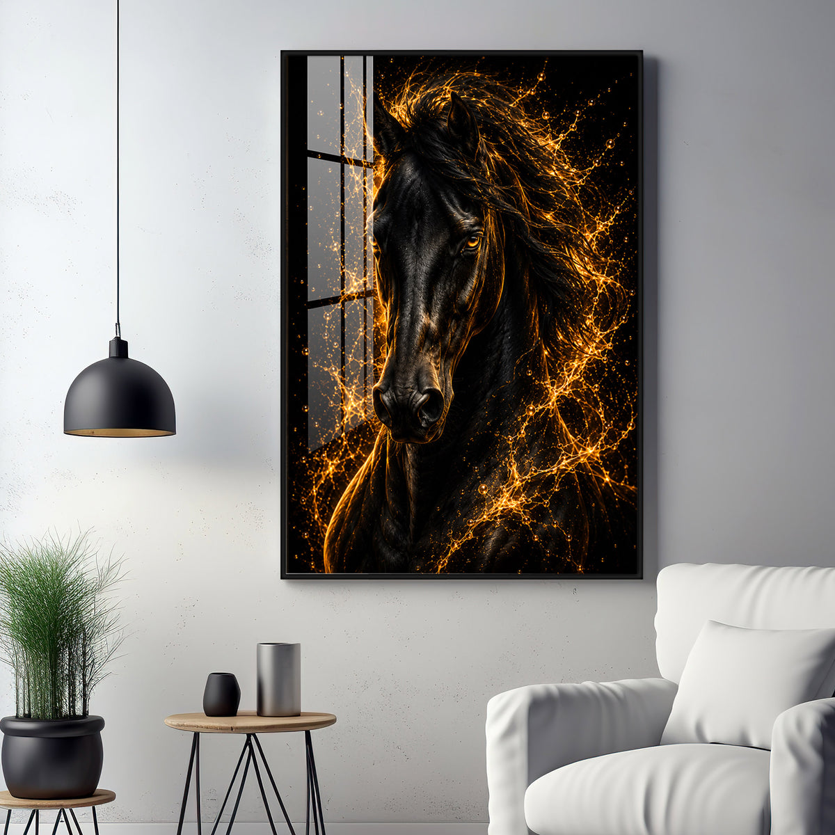 Fiery Golden Black Stallion Premium Acrylic Vertical Wall Art