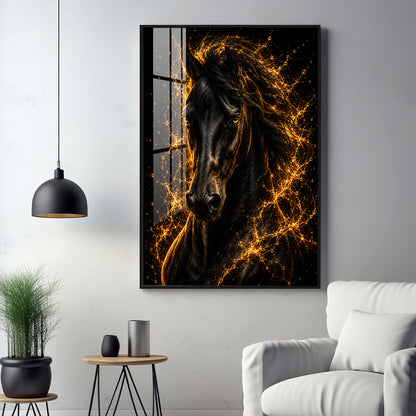 Fiery Golden Black Stallion Premium Acrylic Vertical Wall Art