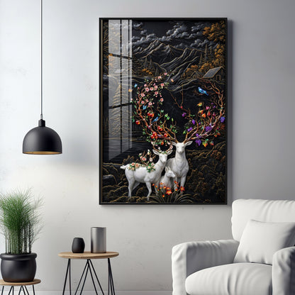 White Deer With Colorful Floral Premium Acrylic Vertical Wall Art