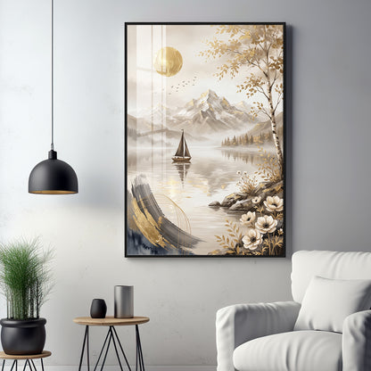 Abstract Lake Sailboat & Mountain Landscape Premium Acrylic Vertical Wall Art
