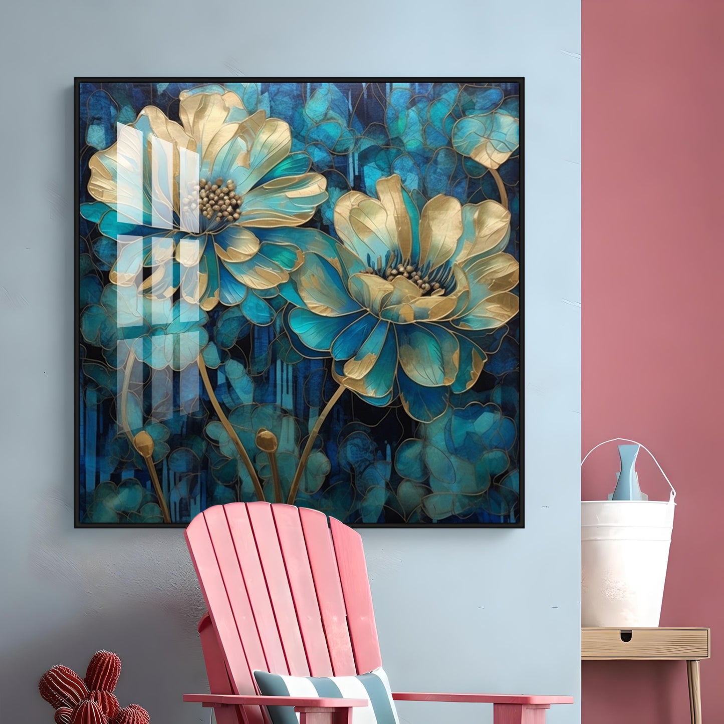 Flowers With Gold & Blue Leaves Premium Acrylic Square Wall Art