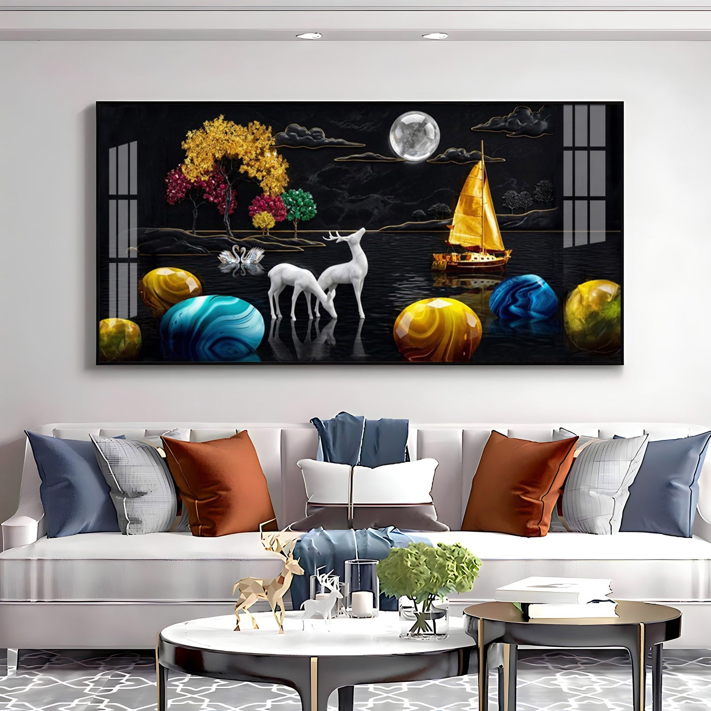 Rustic Serenity With Deer on the Lake Premium Acrylic Horizontal Wall Art