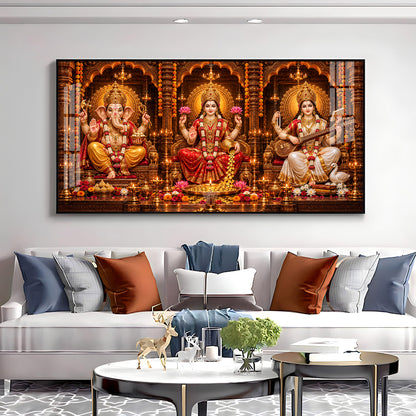 Shri Ganesha, Goddess Lakshmi, and Goddess Saraswati Premium Acrylic Horizontal Wall Art