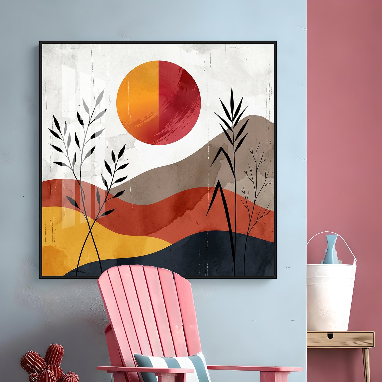 Earth-Toned Hills & Split-Color Sun Premium Acrylic Square Wall Art