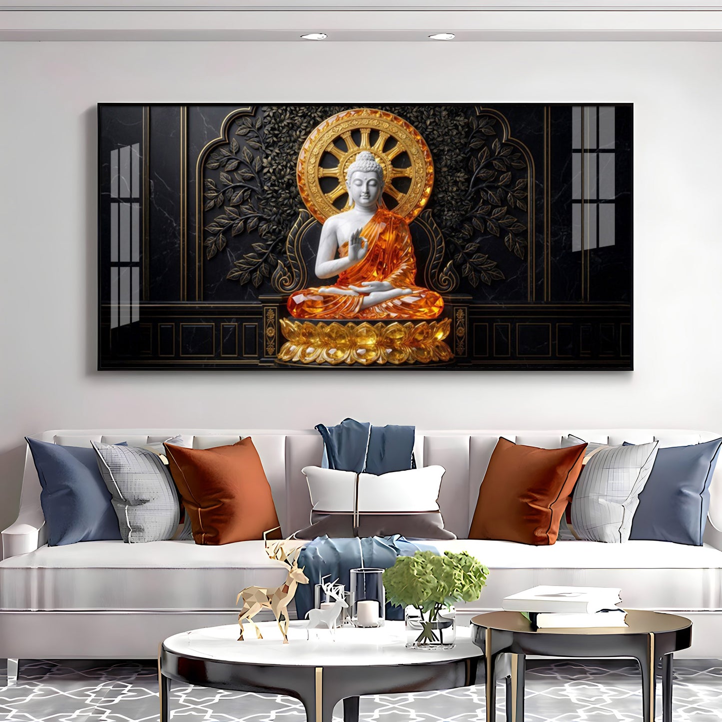 Buddha Meditating Gold & White Premium Acrylic Horizontal Wall Art