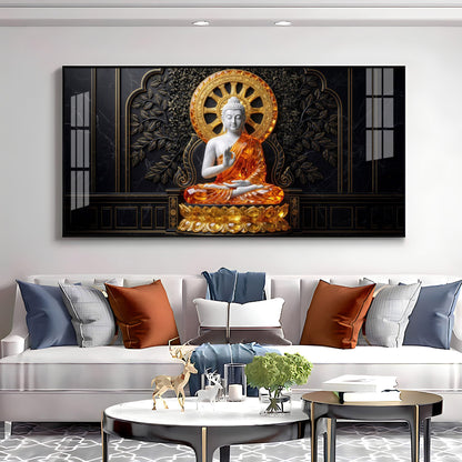 Buddha Meditating Gold & White Premium Acrylic Horizontal Wall Art